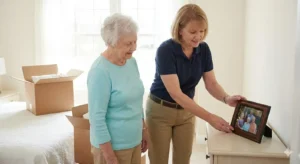 senior move manager helping senior settle in new home