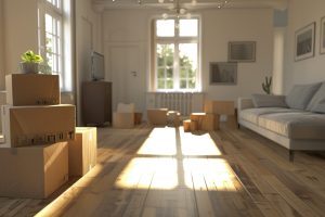 Interior of Clean Modern Light Living Room with Stacked Cardboard Boxes, High-Resolution Living Space, Minimalist and Neat Design, Ideal for Moving or Home Organization Scenes, Bright